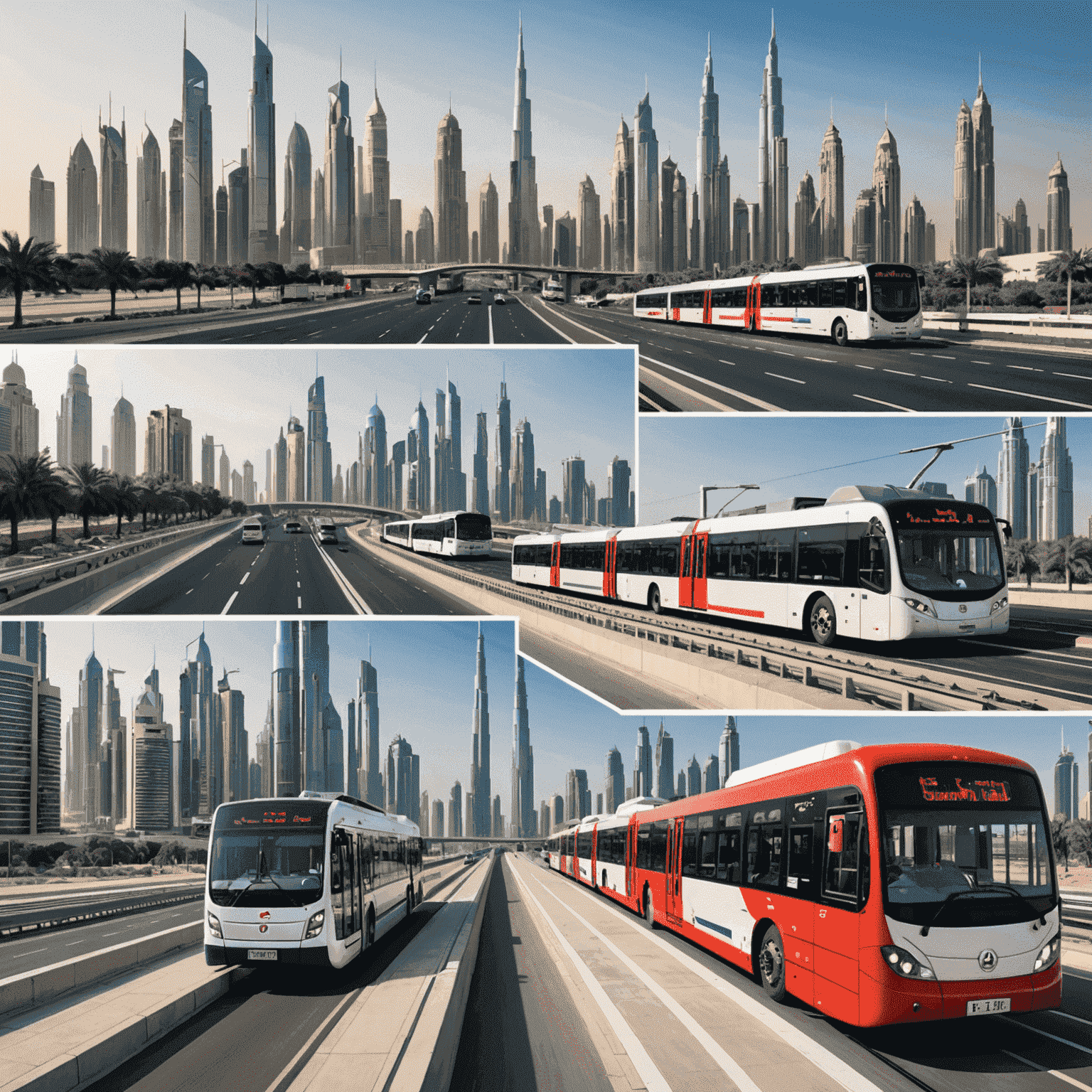 A collage showcasing various modes of transport in UAE, including modern highways, metro trains, and buses, with the Dubai skyline in the background