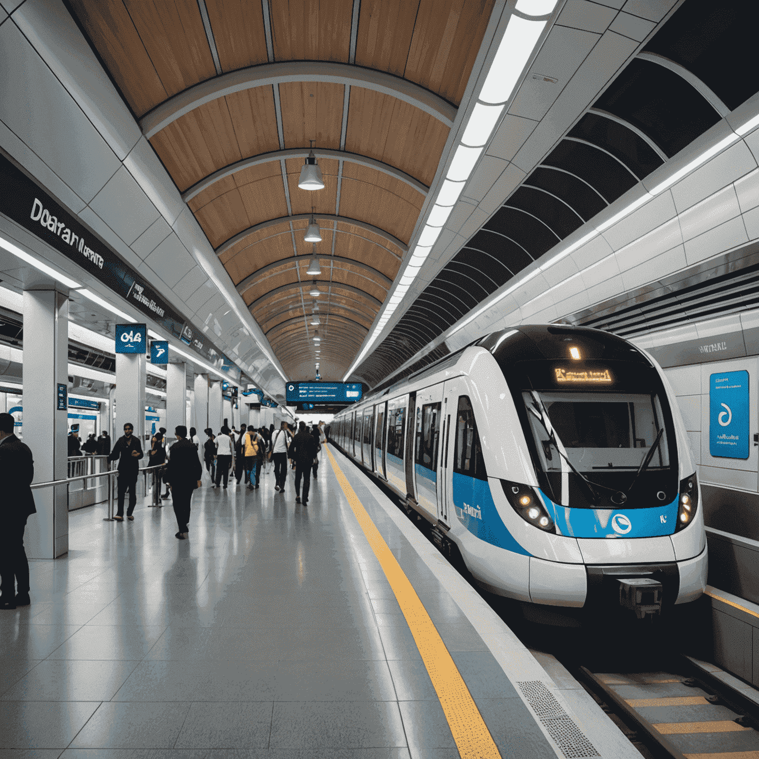 A modern Dubai metro train on a new line with sleek stations and commuters boarding