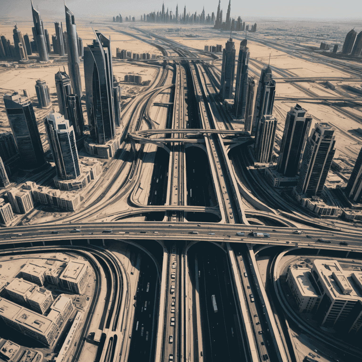 Aerial view of Dubai's new metro line cutting through the city skyline, showcasing modern stations and sleek trains