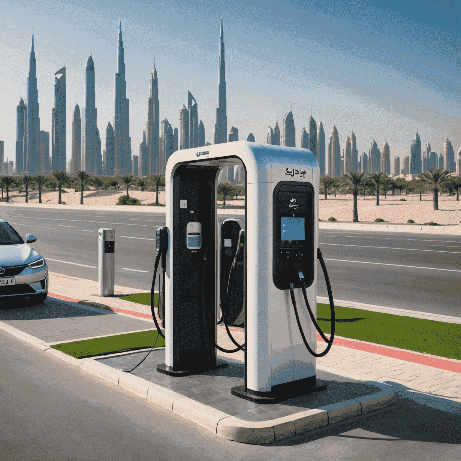 A modern electric vehicle charging station in Dubai with the city skyline in the background, showcasing the UAE's commitment to sustainable transport