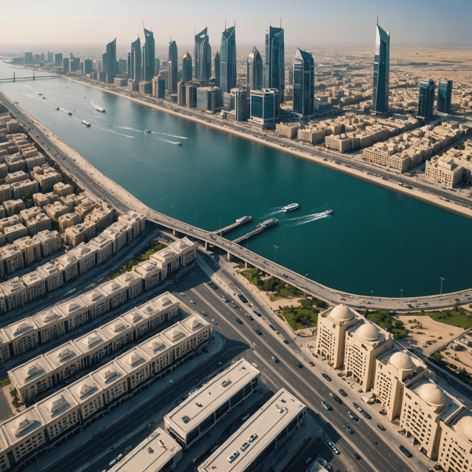 Aerial view of Sharjah city with buses and water taxis visible, showcasing the diverse public transportation options