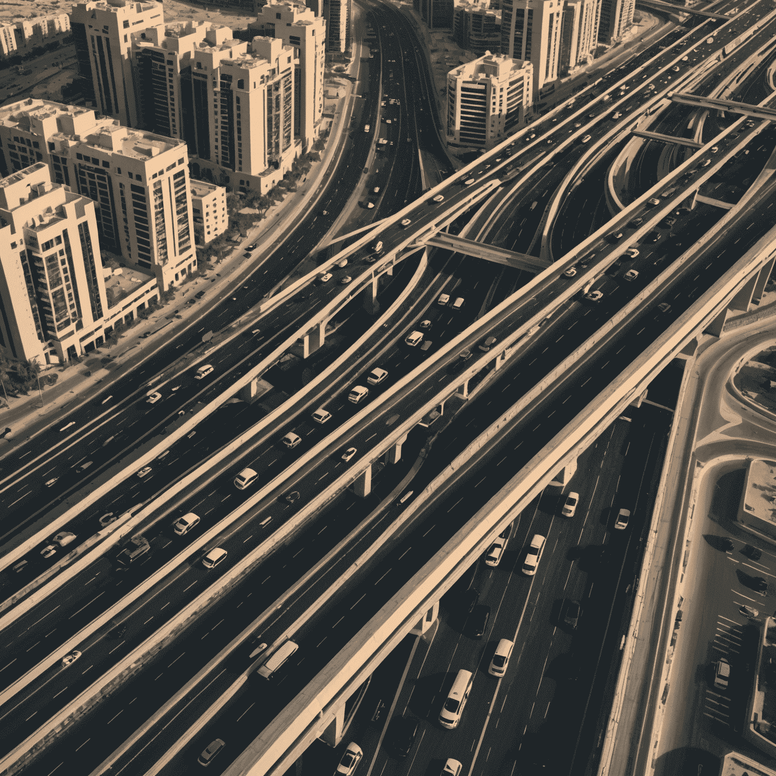 Aerial view of Dubai's smart traffic management system in action, showing interconnected traffic lights and sensors along a busy highway