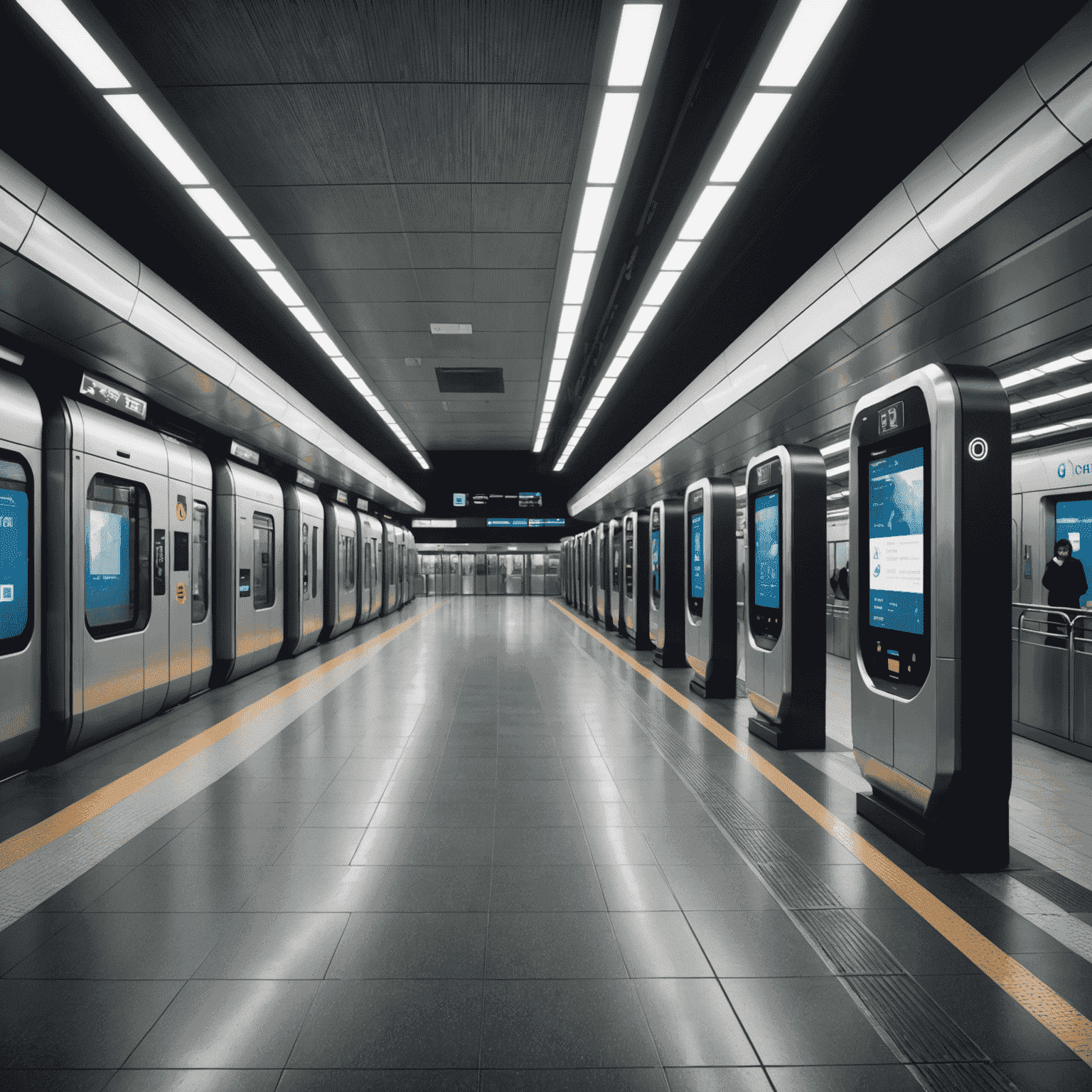 Interior of a modern metro station with digital displays, automated gates, and a spacious platform