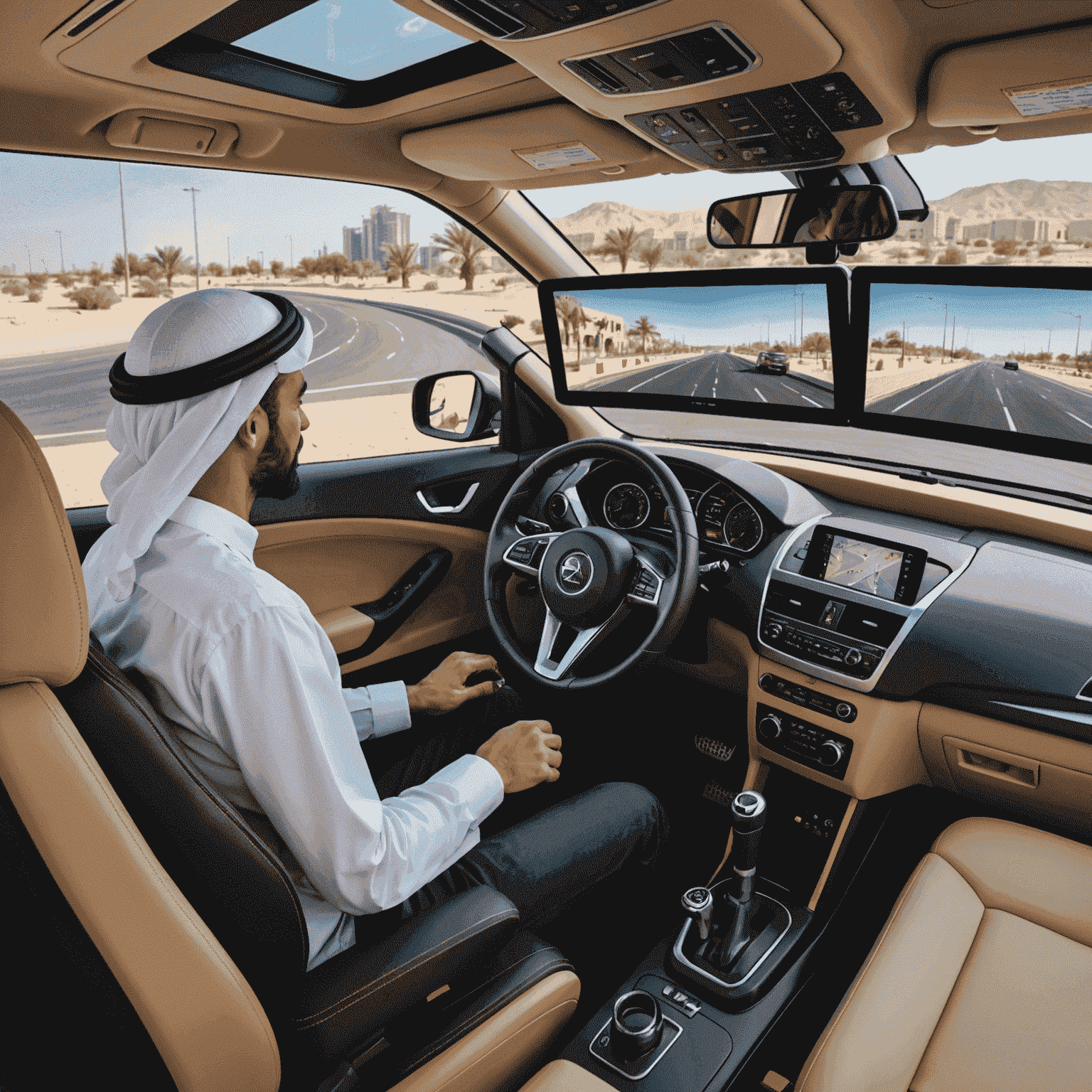 A modern classroom setting with interactive driving simulators and attentive students learning about UAE road safety regulations