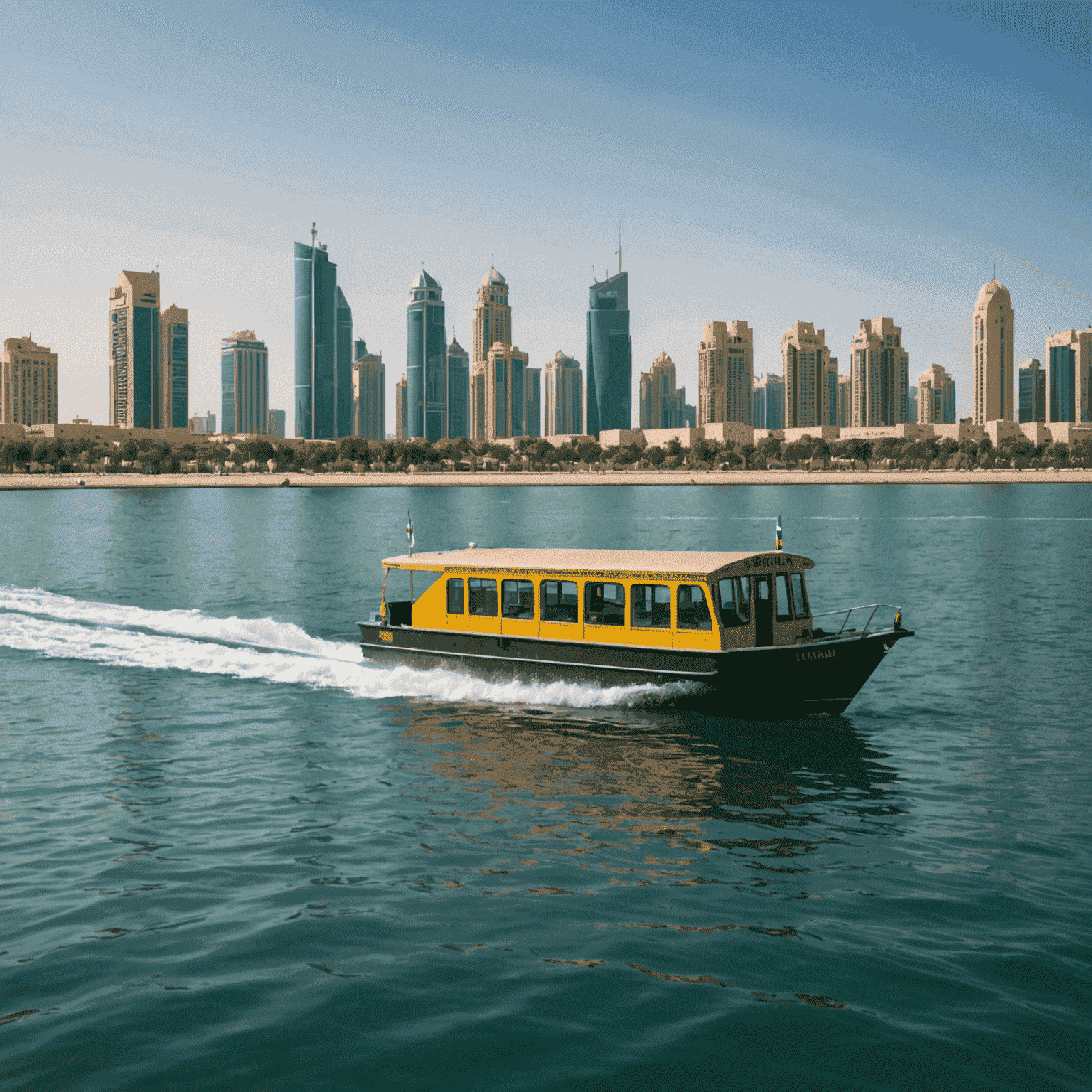 Sharjah water taxi cruising along the Khalid Lagoon, with the city skyline in the background