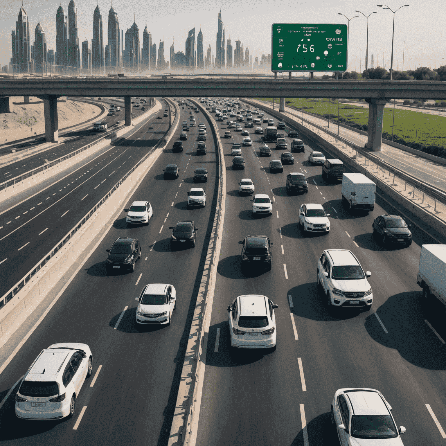 Close-up of IoT sensors installed on a UAE highway, with passing vehicles and a digital display showing real-time traffic data