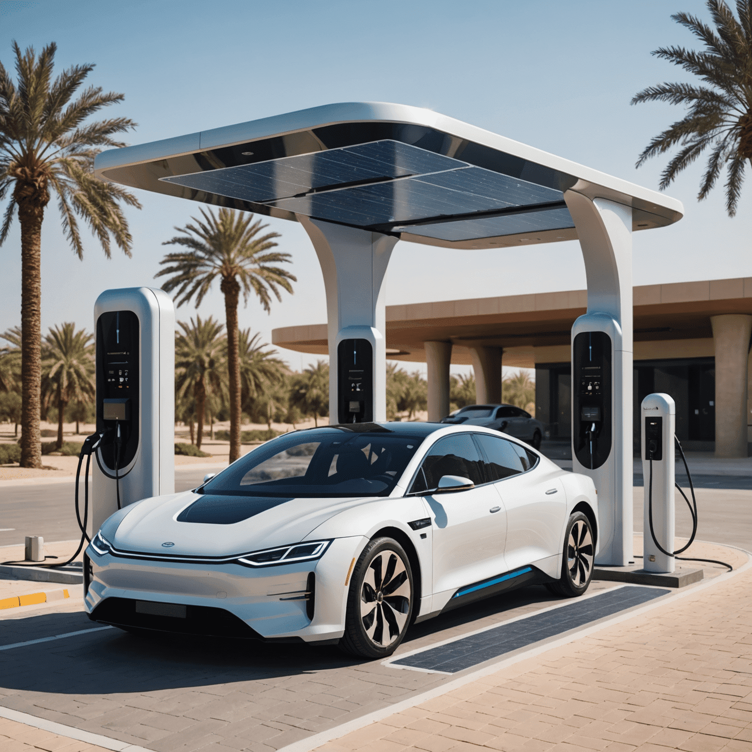 Futuristic electric vehicles charging at a sleek UAE charging station with solar panels