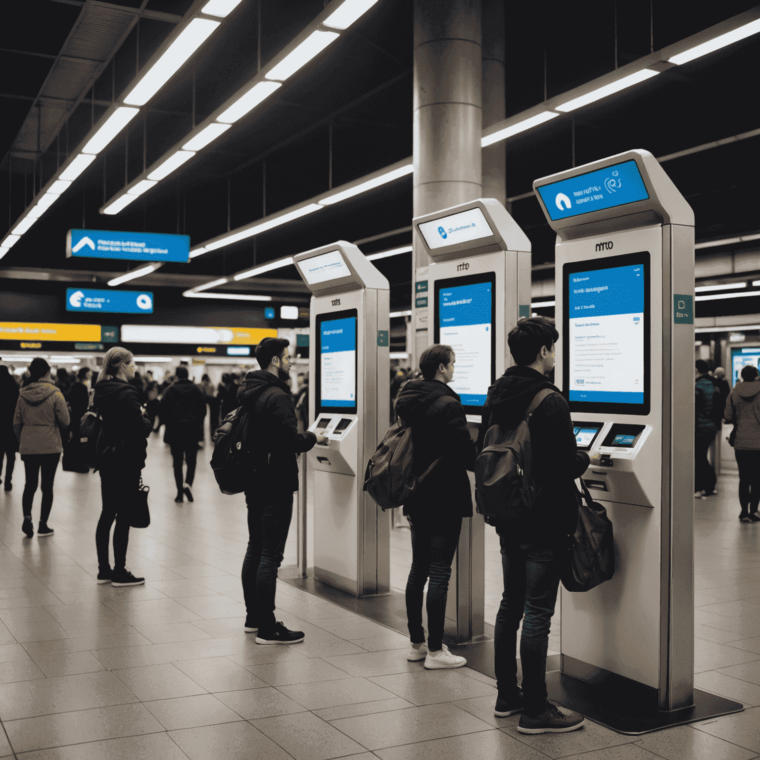 Commuters using digital kiosks to top up their transport cards inside a metro station