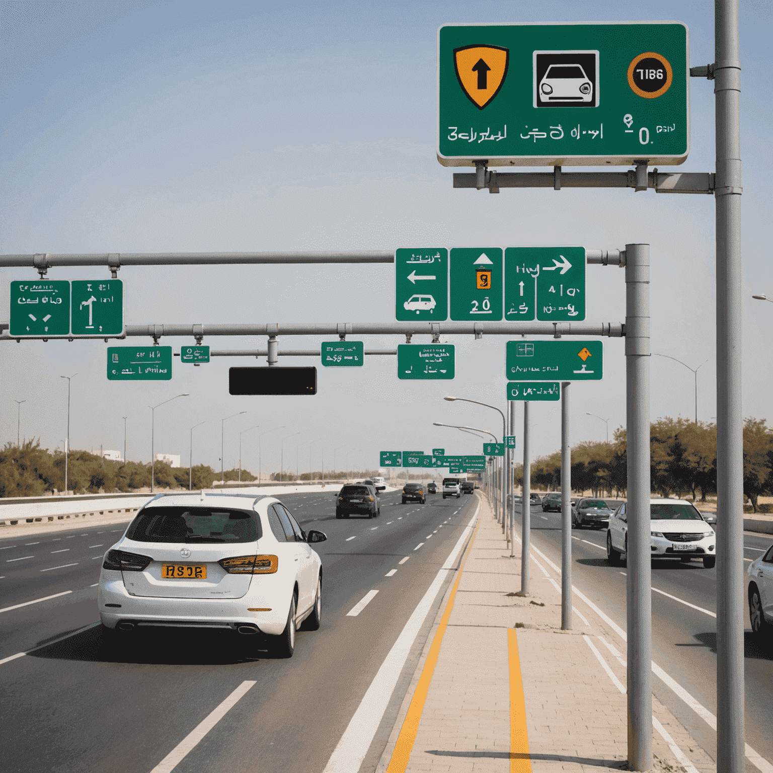 High-tech speed cameras and digital speed limit signs installed along a busy Abu Dhabi highway