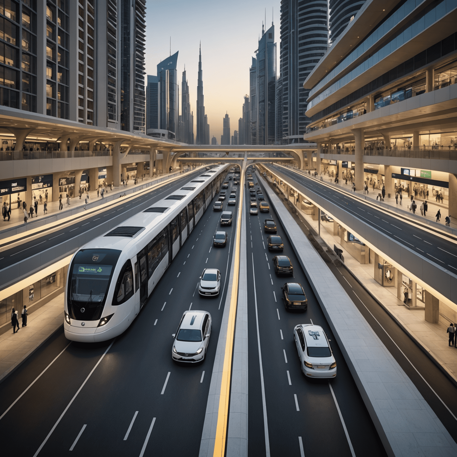 Integrated transport hub in Dubai showing seamless connection between metro, bus, and smart traffic management systems