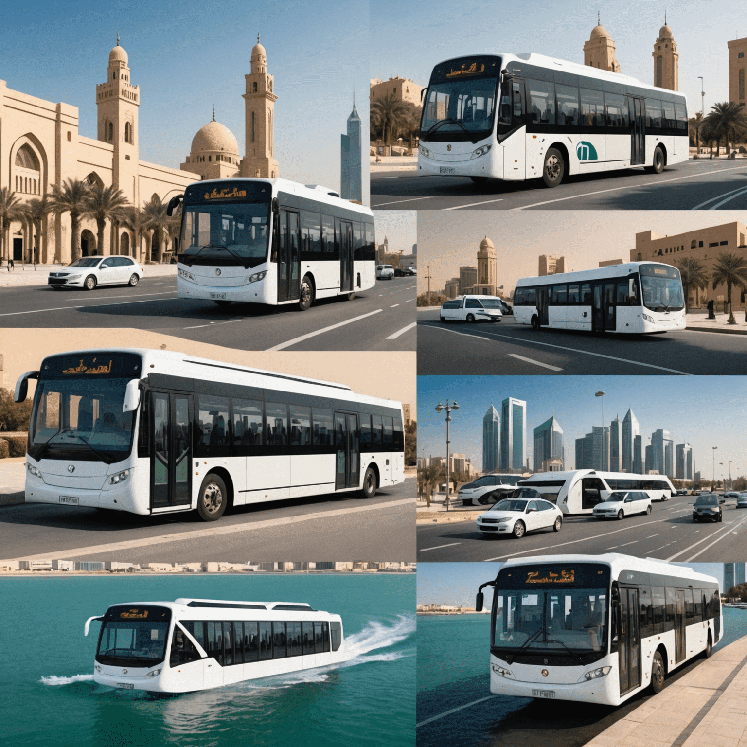 Collage of Sharjah's public transportation options including buses, water taxis, and future transport projects