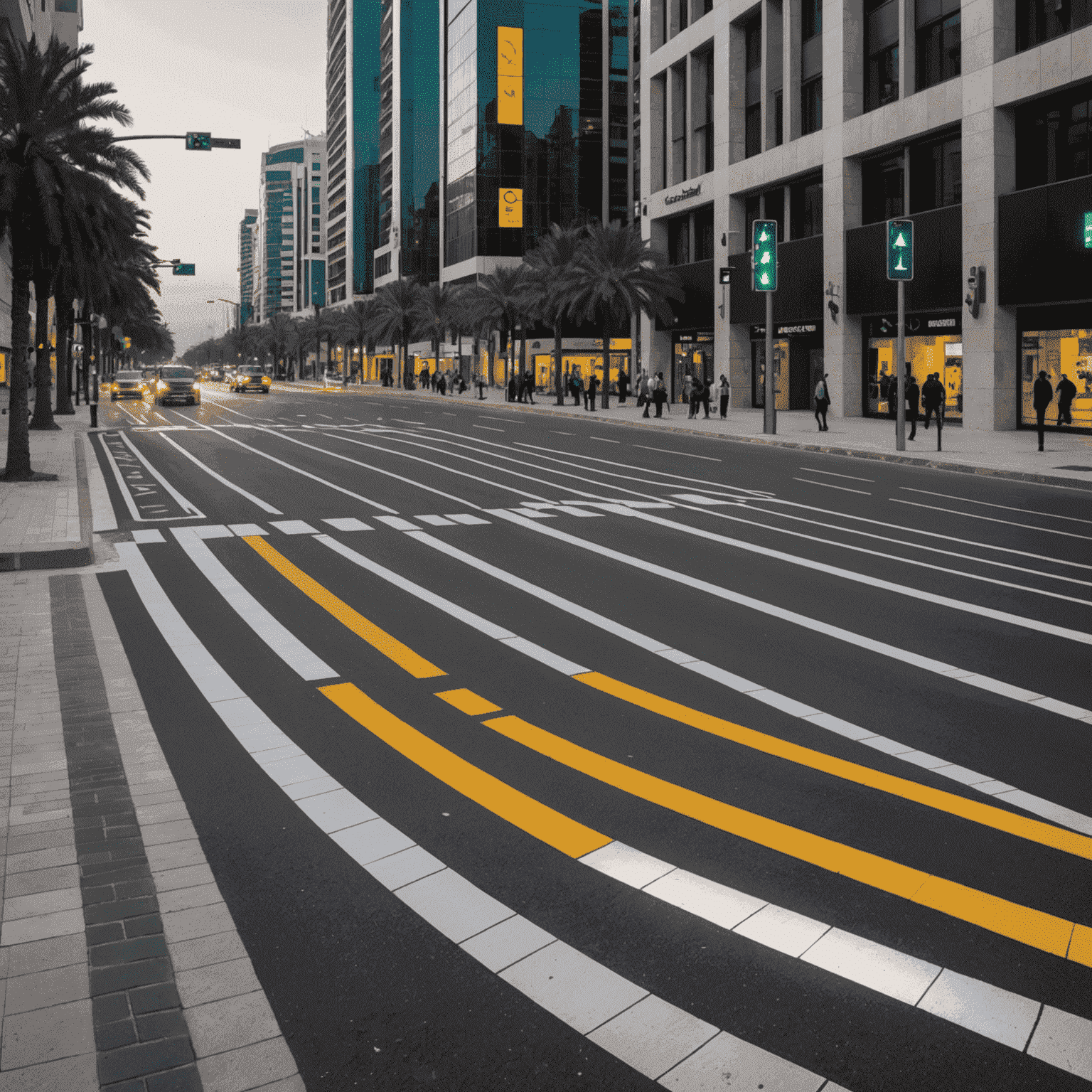 Well-lit pedestrian crossings with smart sensors and LED warning lights in a busy Abu Dhabi street