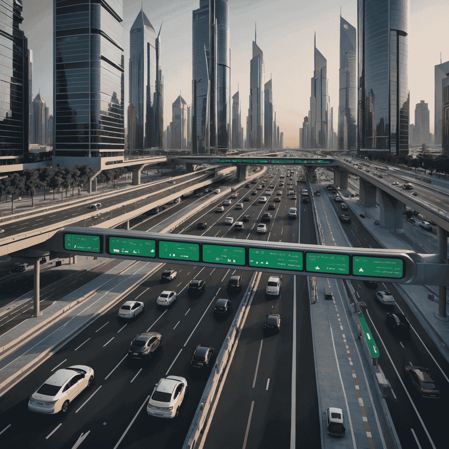 Futuristic traffic control center with AI-powered screens showing real-time traffic flow in UAE cities