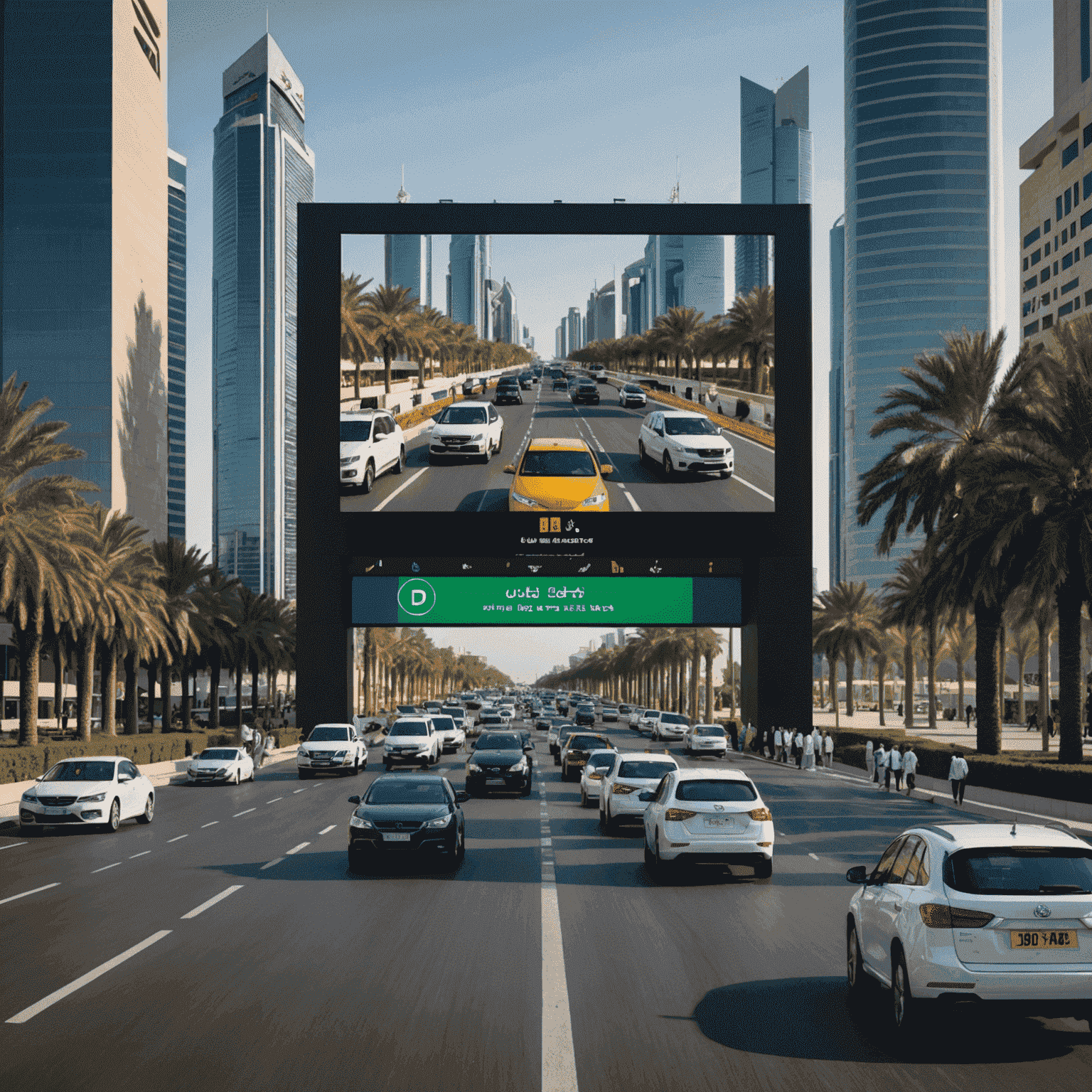 A large public screen in Abu Dhabi displaying an engaging road safety message with diverse group of people watching